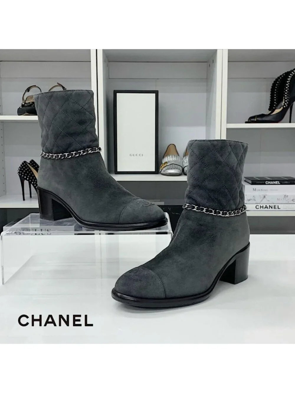 Chanel CC Logo Quilted Suede Chain Short Boots